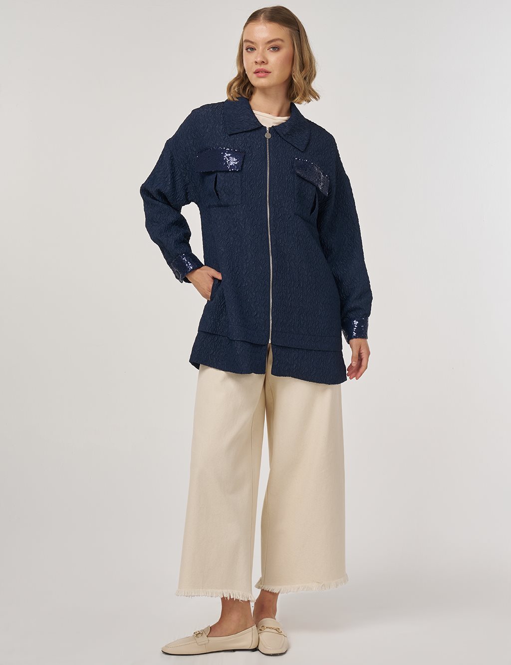 Payet Garnili Dokulu Ceket Koyu Lacivert 