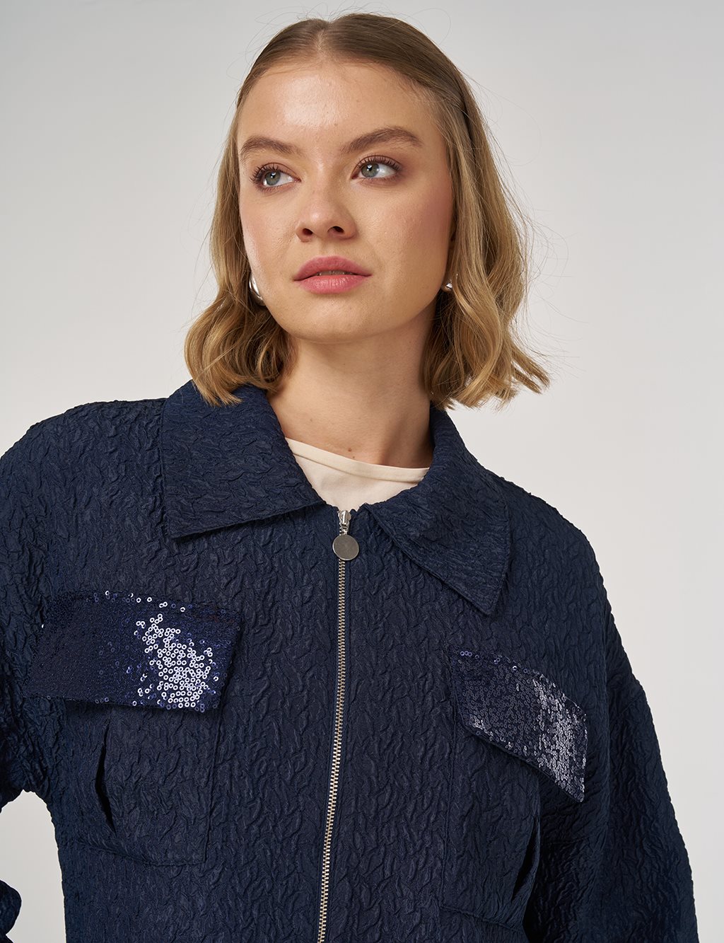 Payet Garnili Dokulu Ceket Koyu Lacivert 