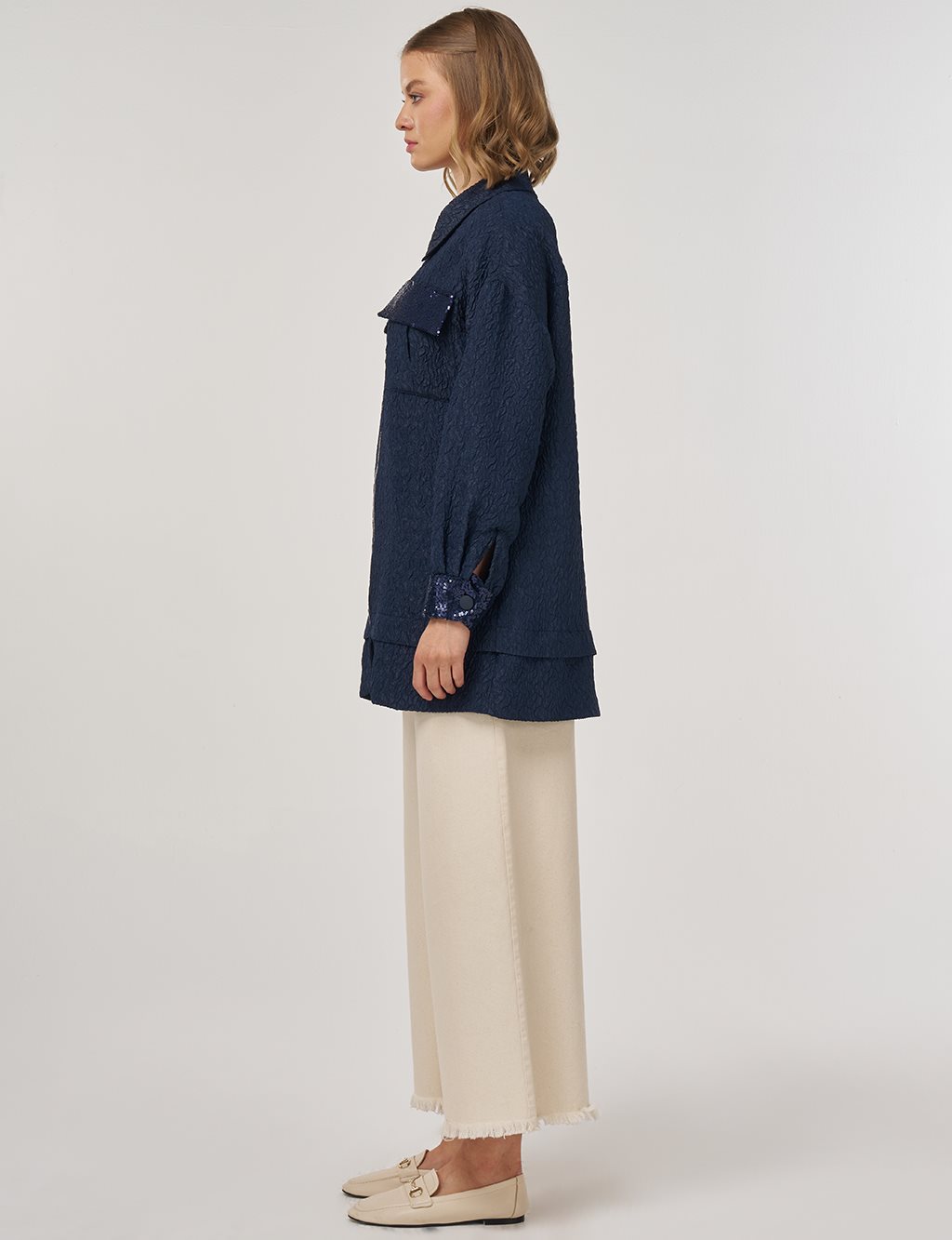 Payet Garnili Dokulu Ceket Koyu Lacivert 