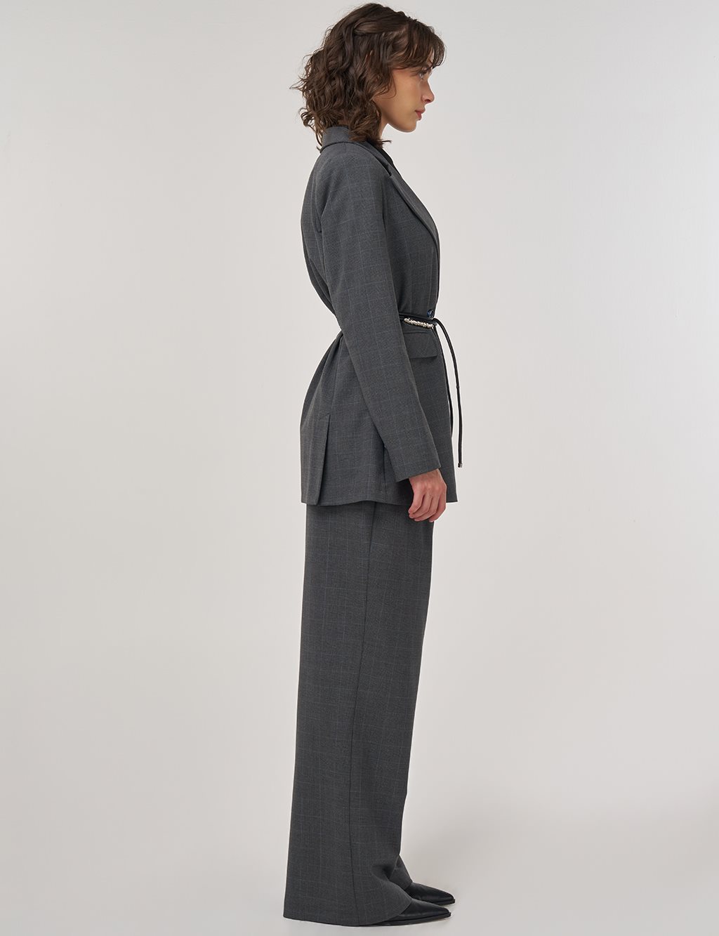 Plaid Double-Breasted Belted Jacket in Anthracite