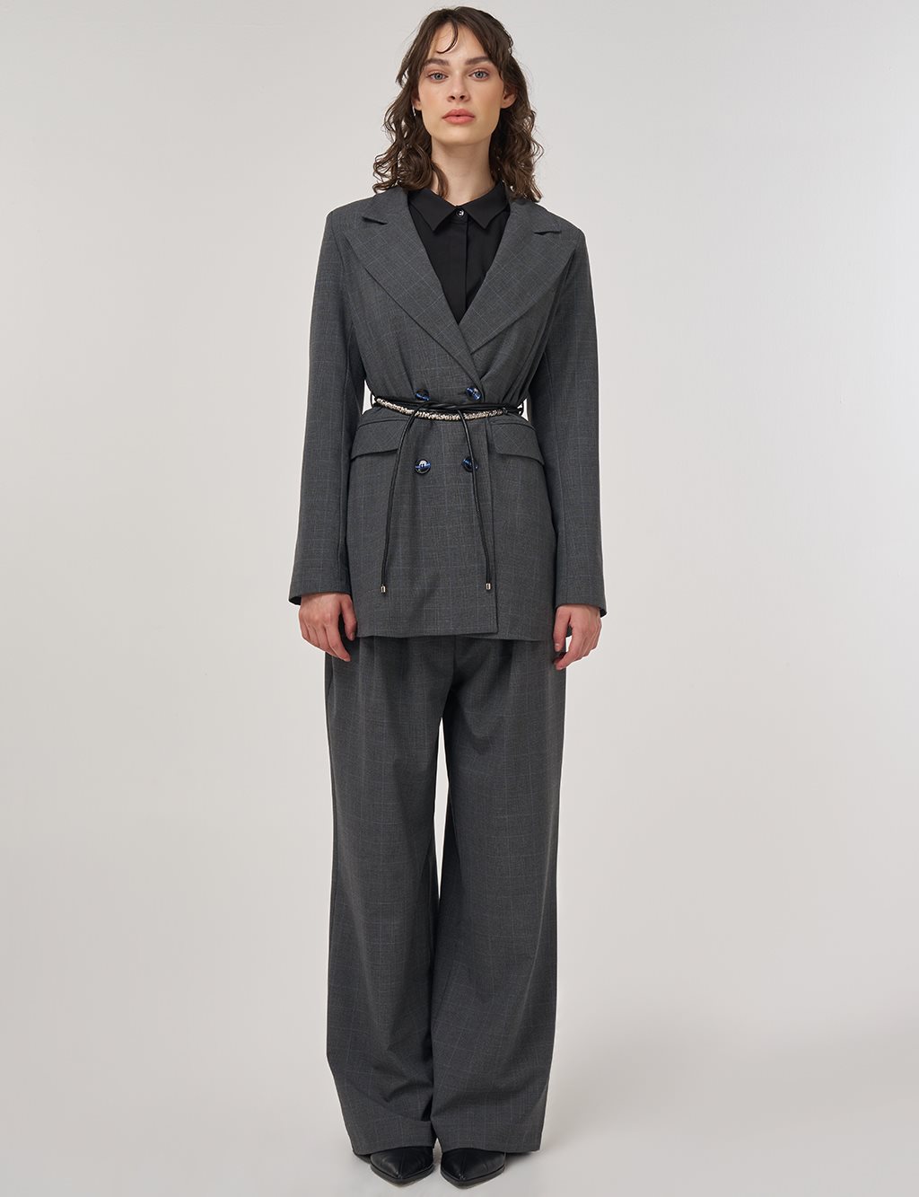 Plaid Double-Breasted Belted Jacket in Anthracite