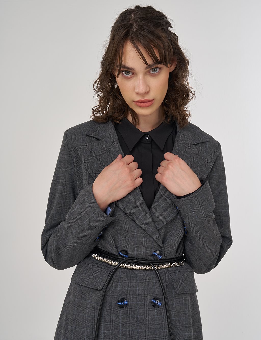 Plaid Double-Breasted Belted Jacket in Anthracite