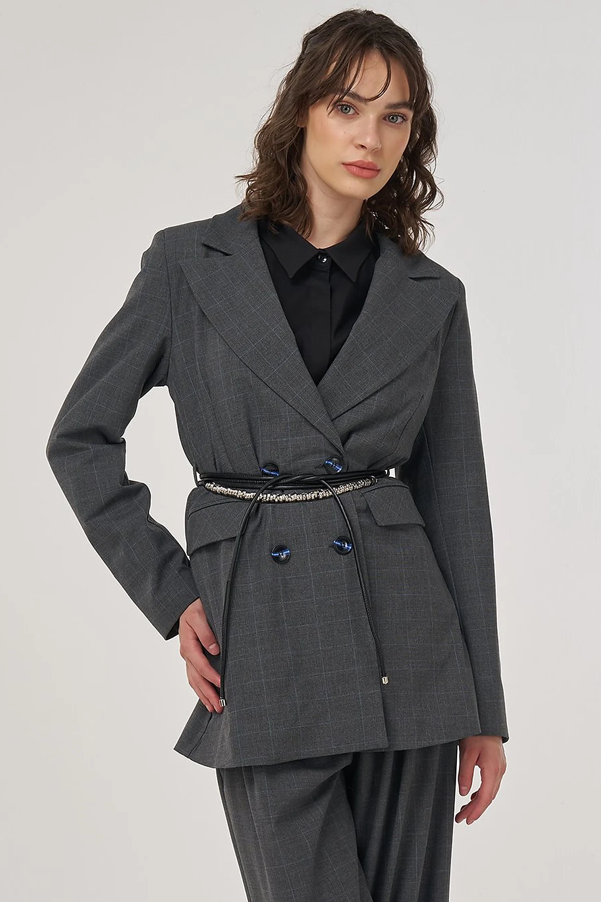 Plaid Double-Breasted Belted Jacket in Anthracite