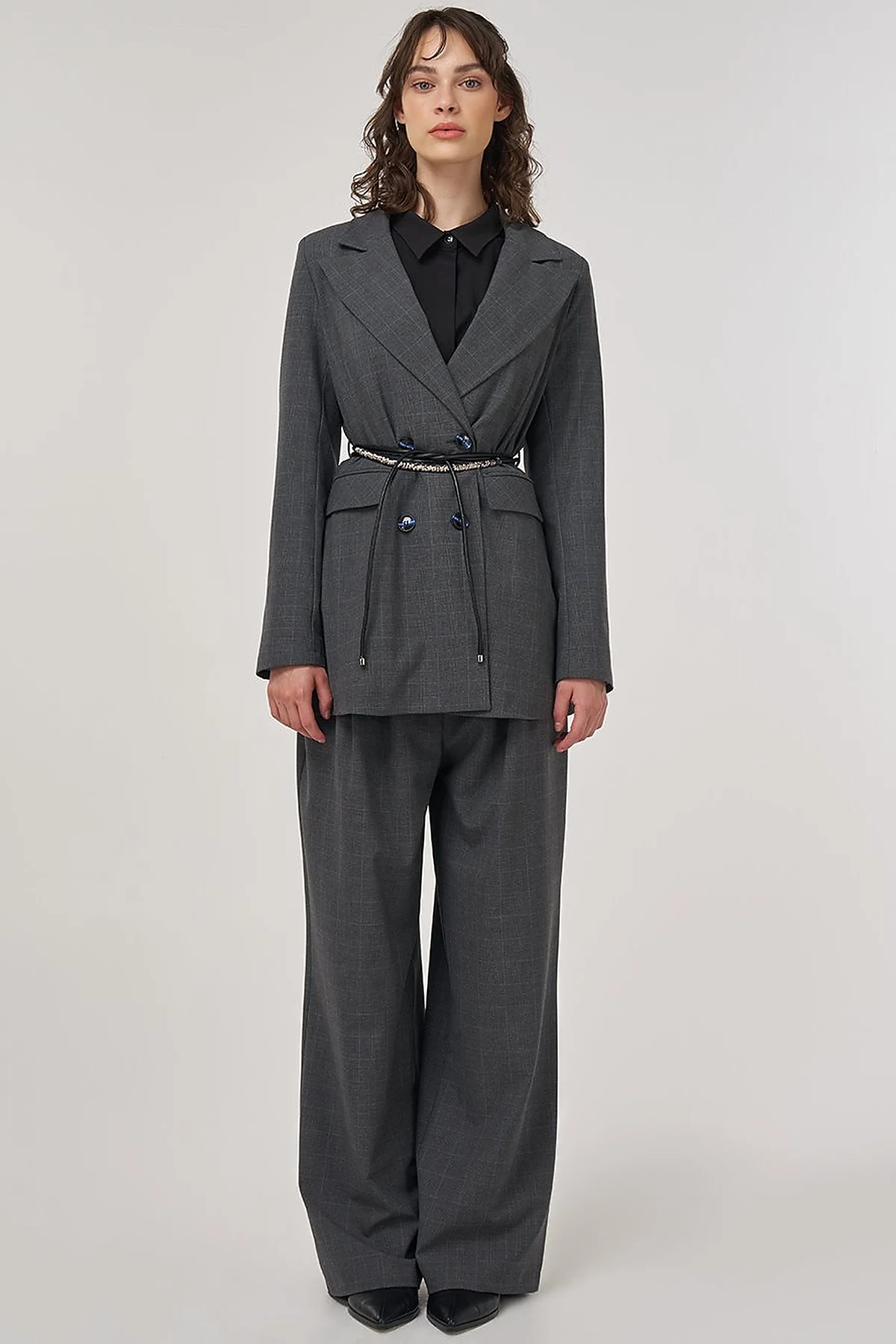 Plaid Double-Breasted Belted Jacket in Anthracite