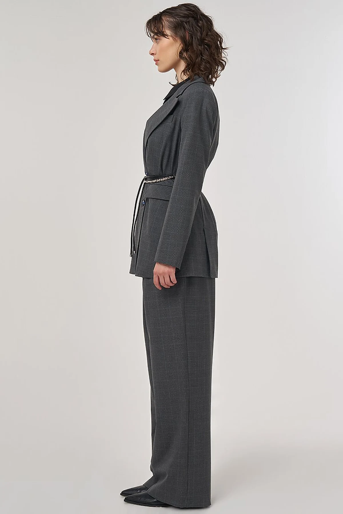 Plaid Double-Breasted Belted Jacket in Anthracite