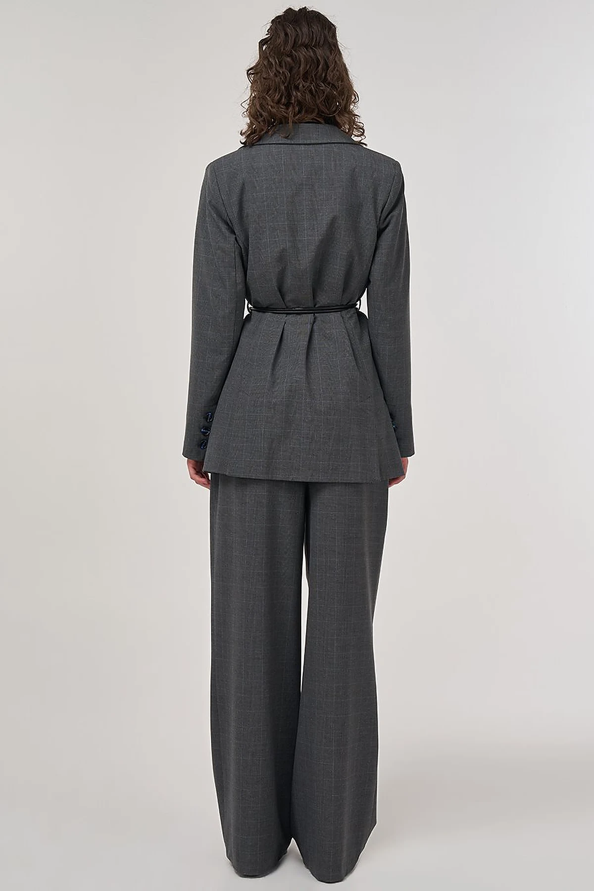 Plaid Double-Breasted Belted Jacket in Anthracite