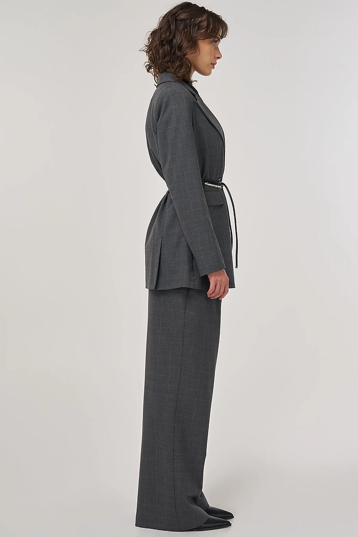 Plaid Double-Breasted Belted Jacket in Anthracite