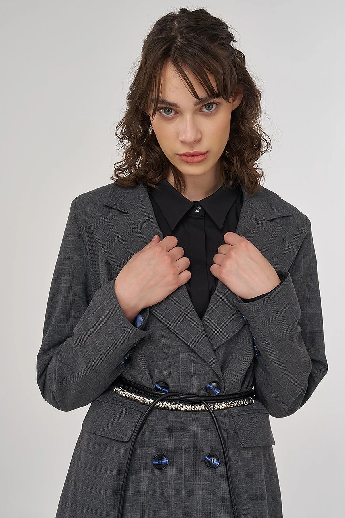 Plaid Double-Breasted Belted Jacket in Anthracite