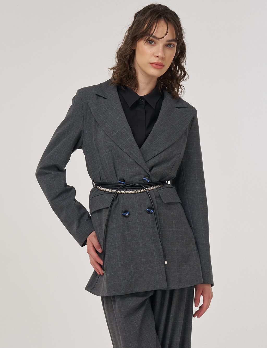 Plaid Double-Breasted Belted Jacket in Anthracite
