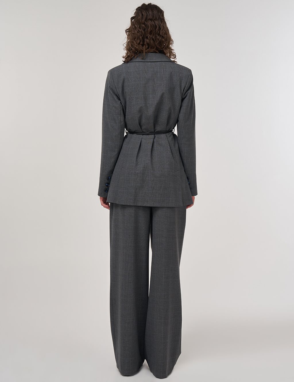 Plaid Double-Breasted Belted Jacket in Anthracite