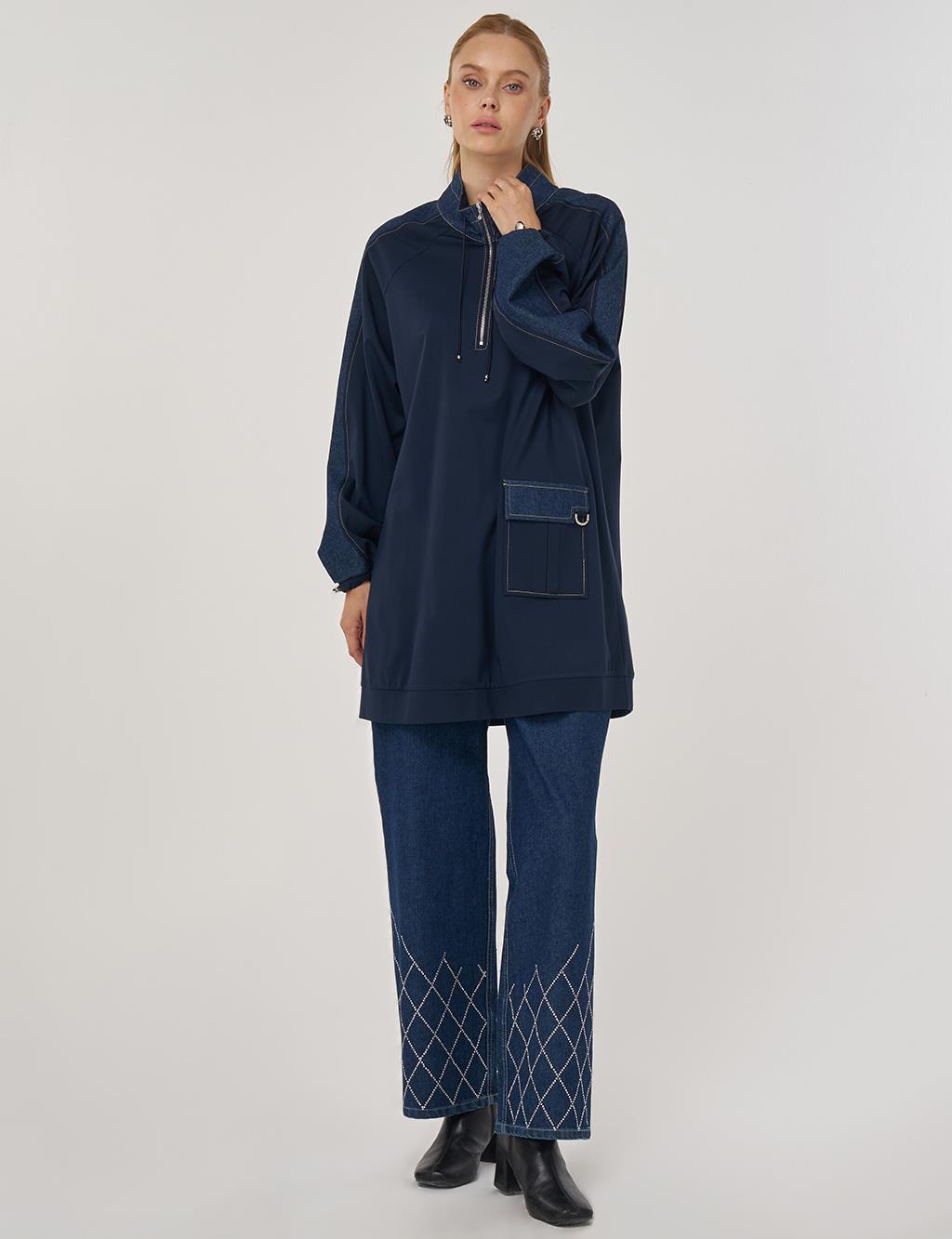 Kumaş Garnili Dik Yaka Sweatshirt Koyu Lacivert