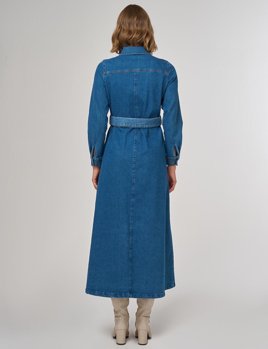 Kemer Detaylı Denim Elbise İndigo