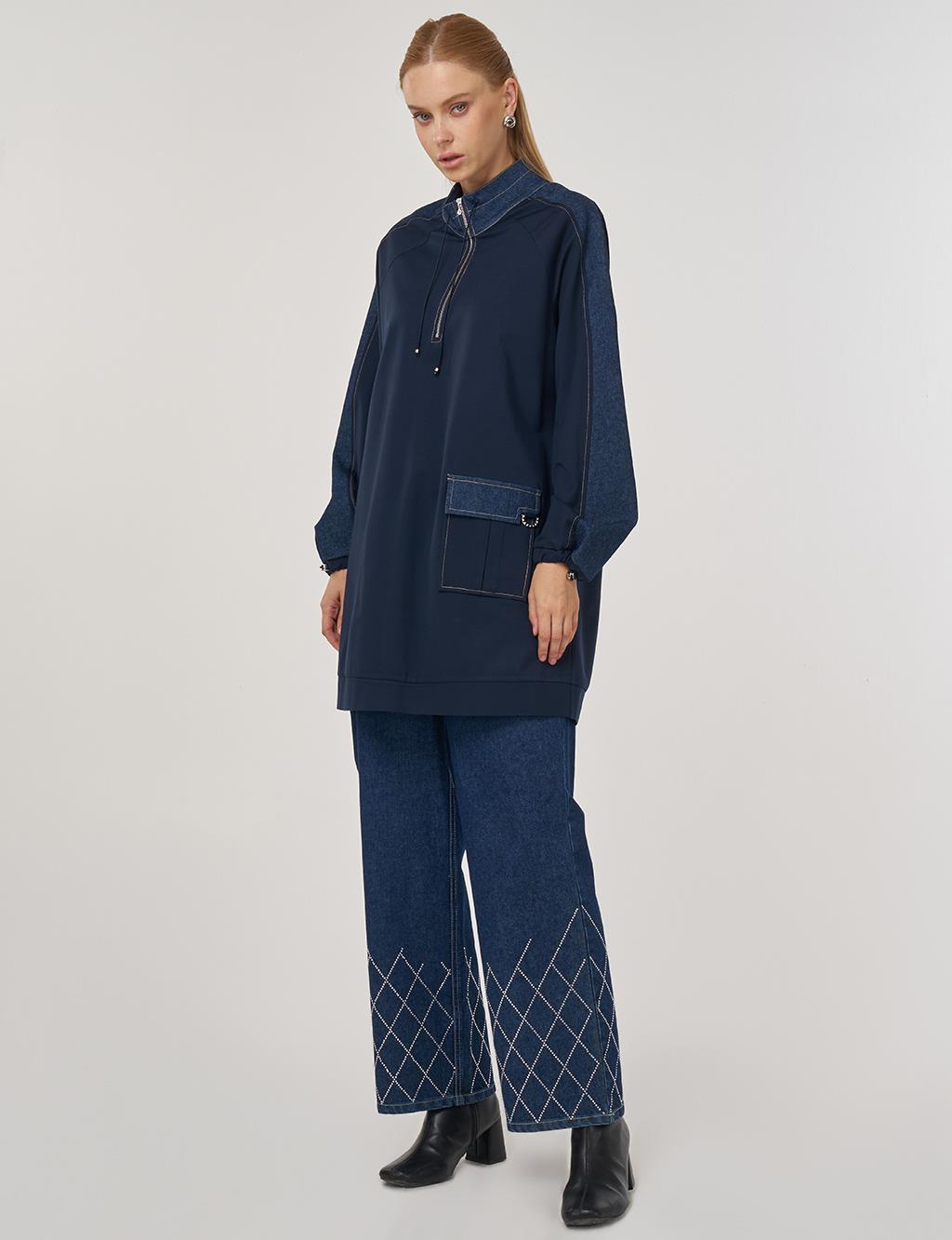 Kumaş Garnili Dik Yaka Sweatshirt Koyu Lacivert