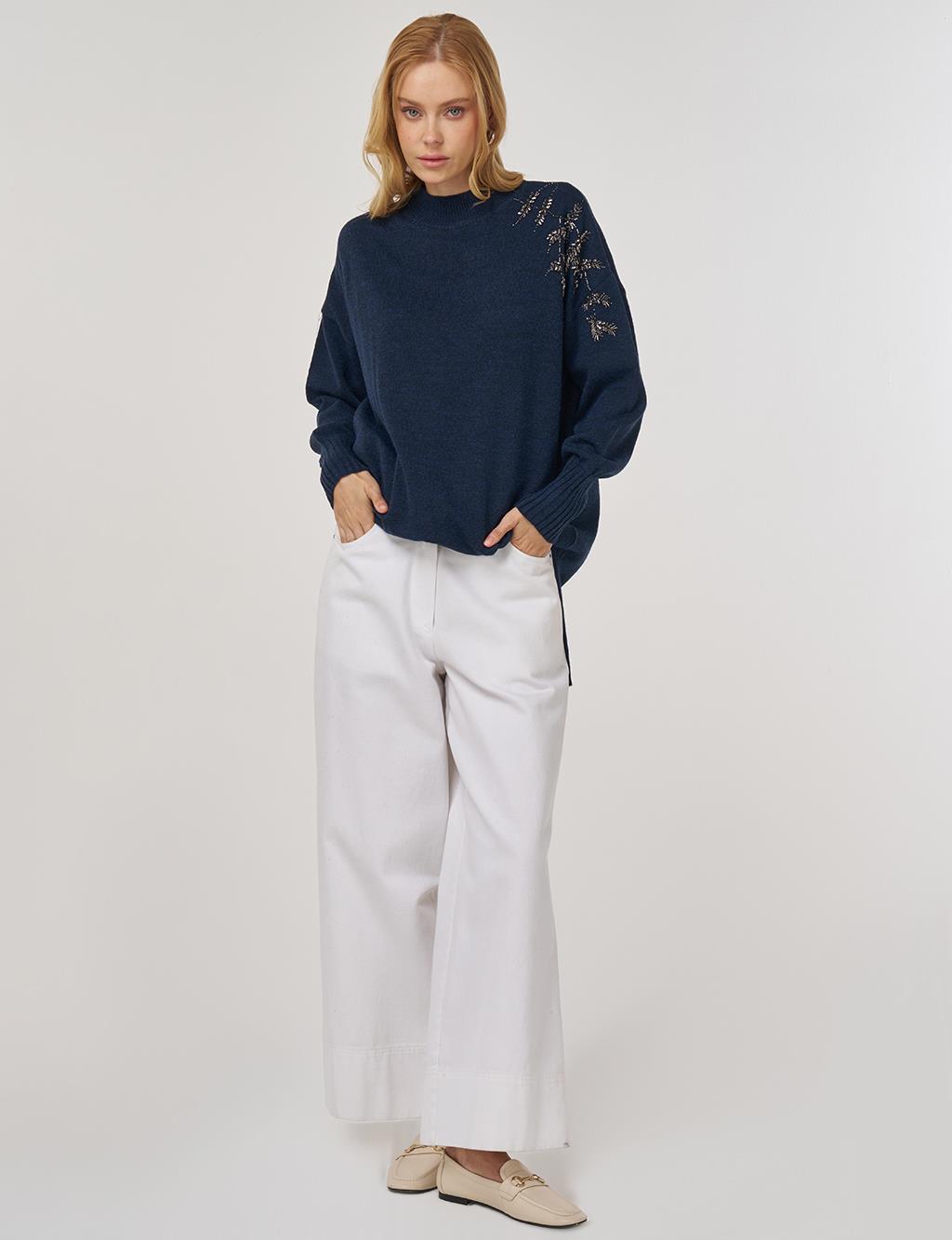 Stone-Embellished Knit Tunic in Navy Blue