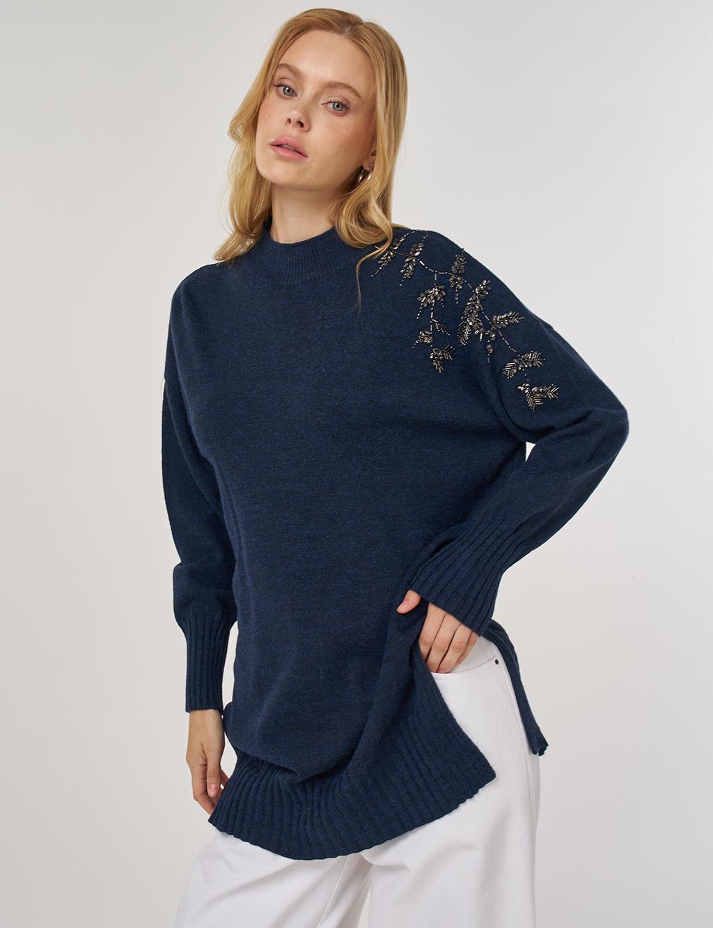 Stone-Embellished Knit Tunic in Navy Blue