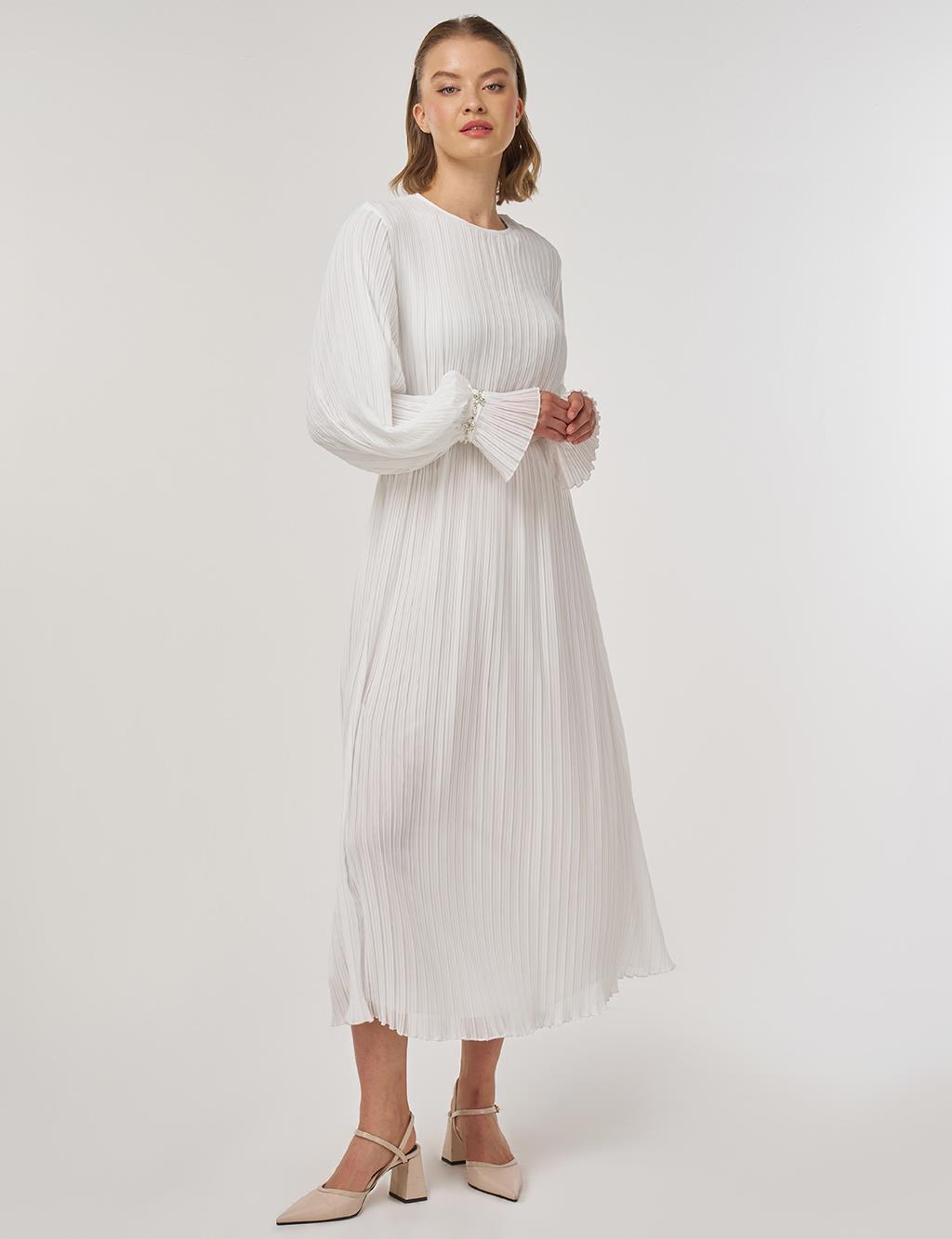 Stone-Embellished Elegant Dress in Ecru