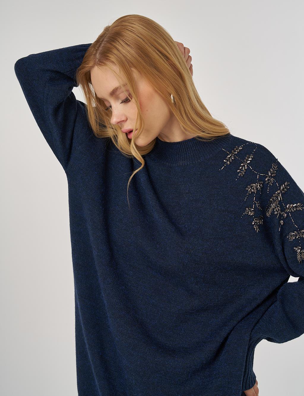 Stone-Embellished Knit Tunic in Navy Blue