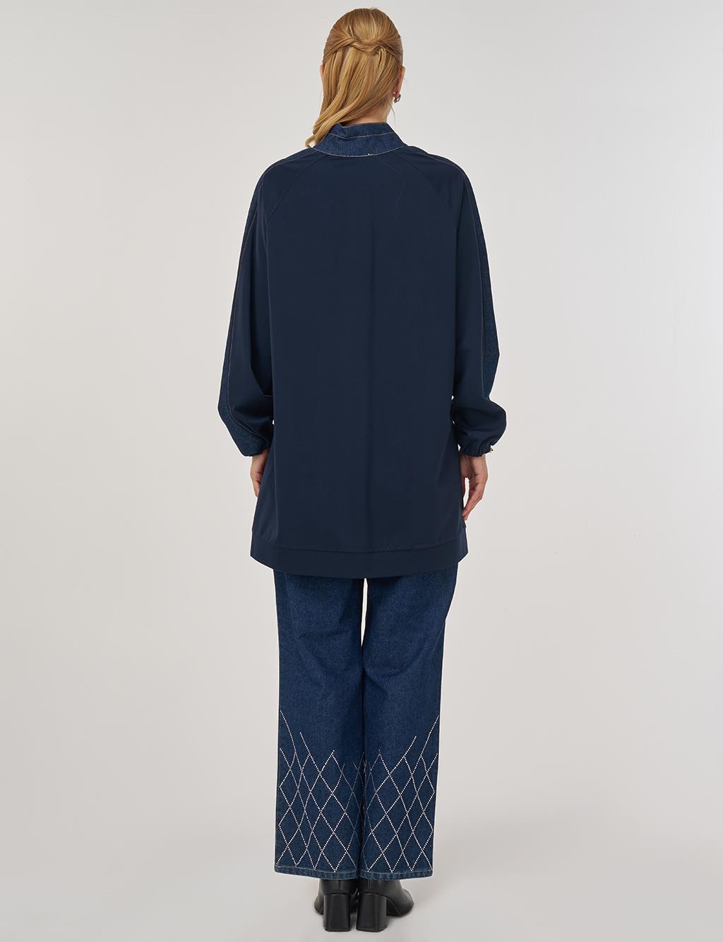 Kumaş Garnili Dik Yaka Sweatshirt Koyu Lacivert