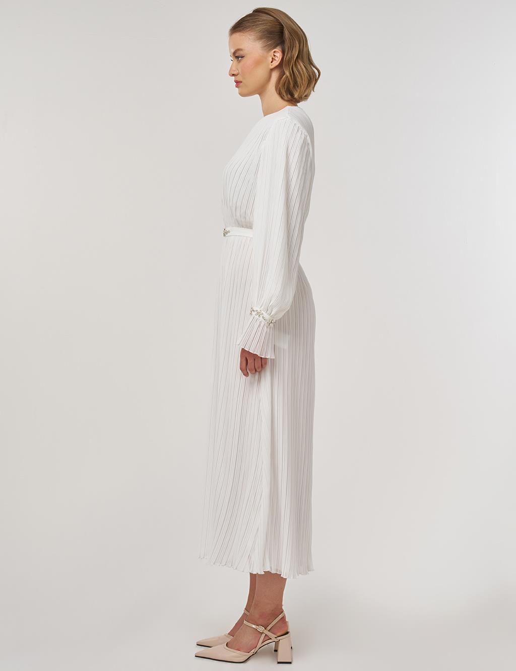 Stone-Embellished Elegant Dress in Ecru