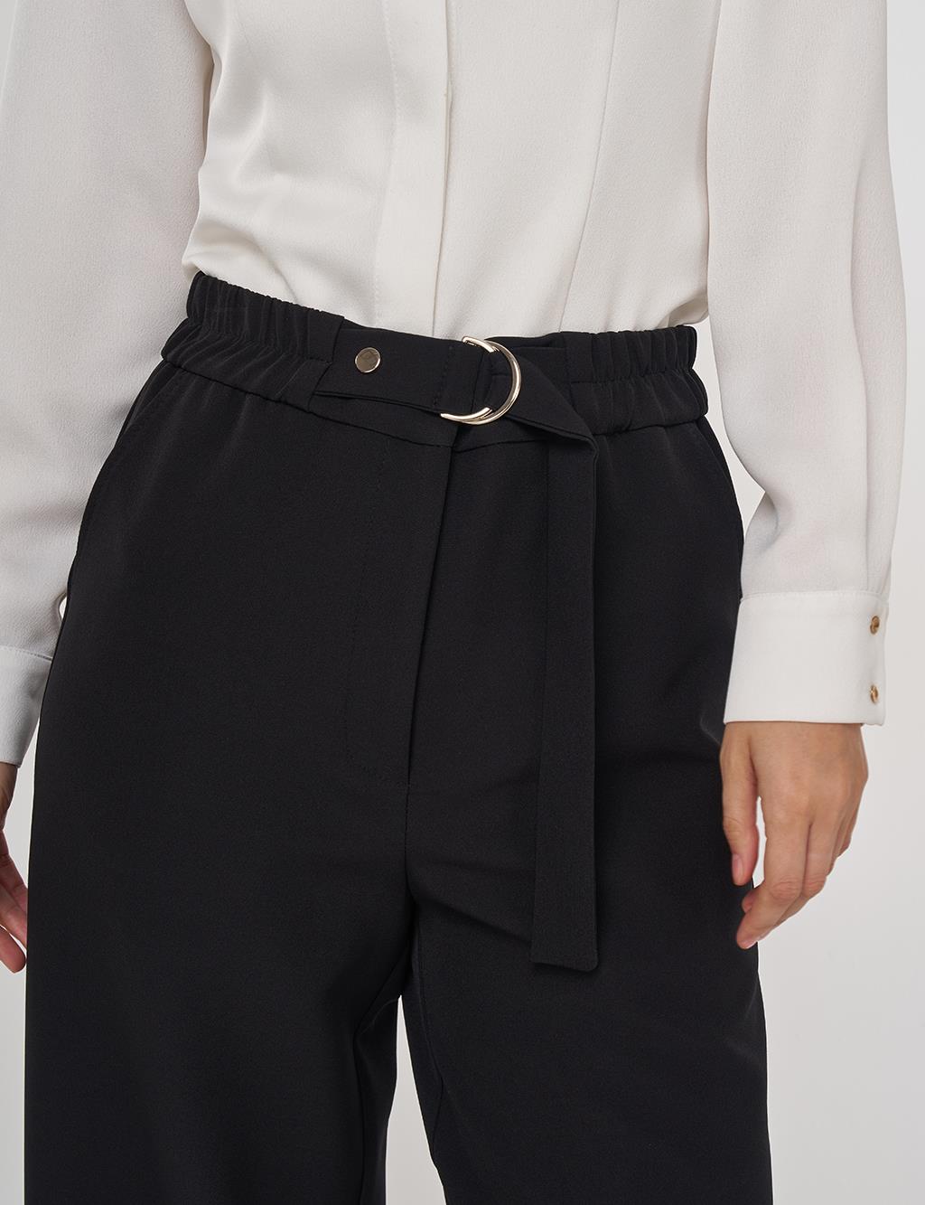 Metal Buckle Fabric Pants in Black