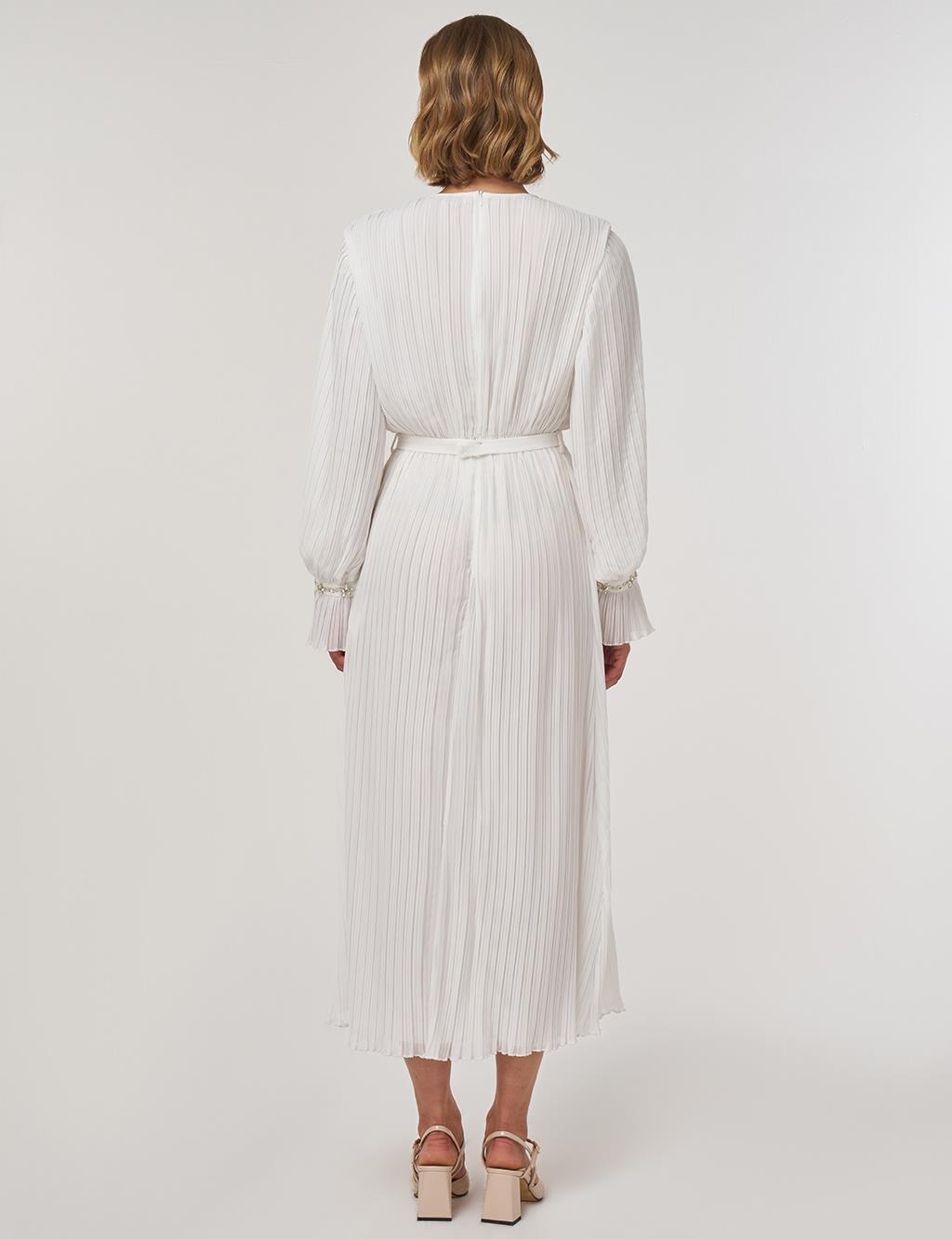 Stone-Embellished Elegant Dress in Ecru