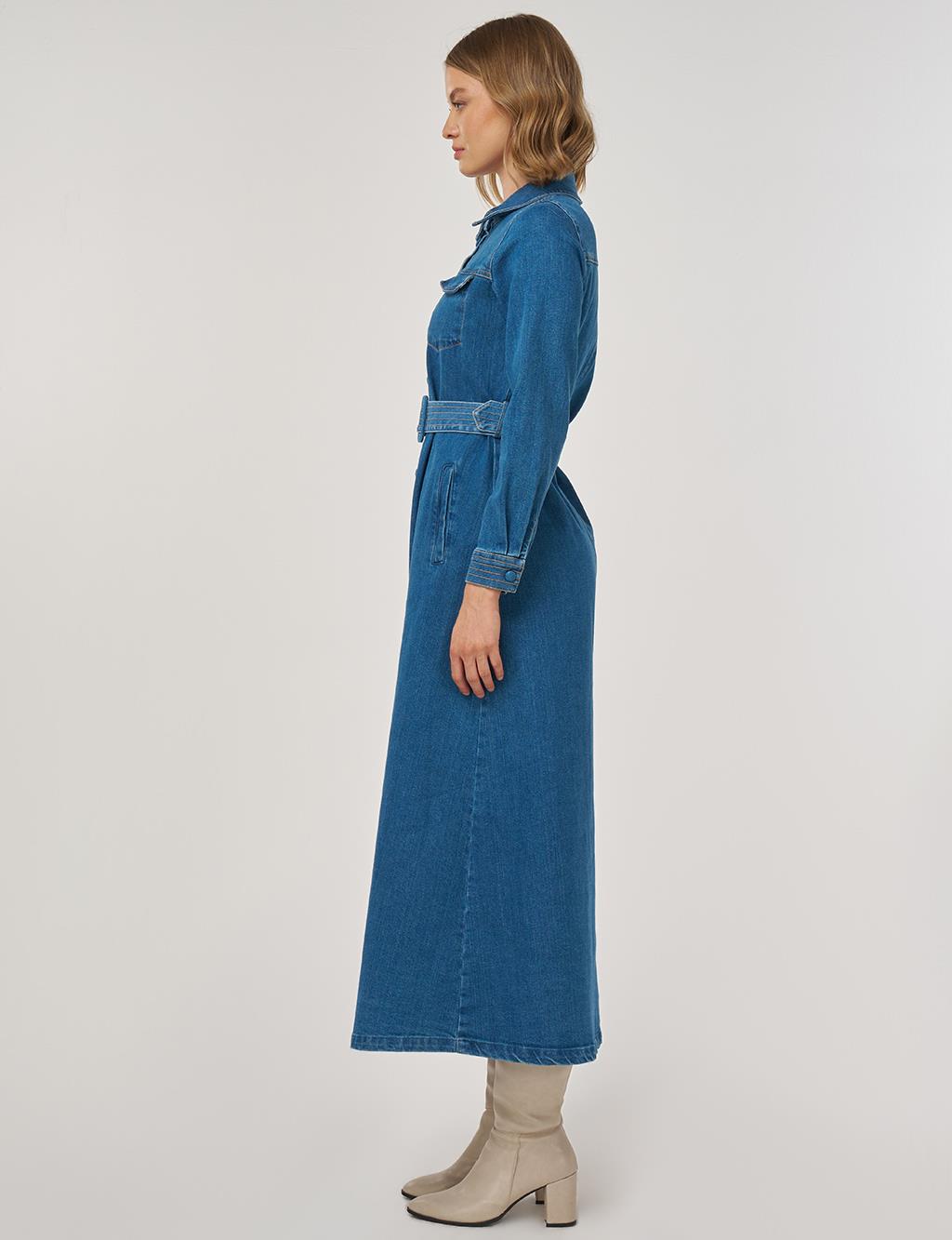 Kemer Detaylı Denim Elbise İndigo