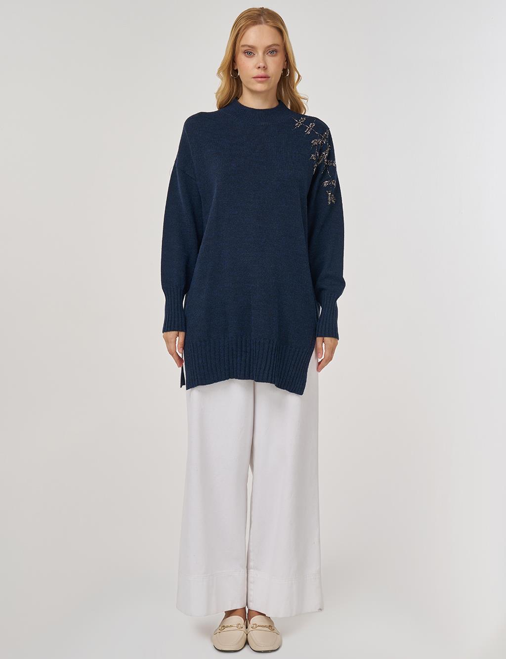 Stone-Embellished Knit Tunic in Navy Blue