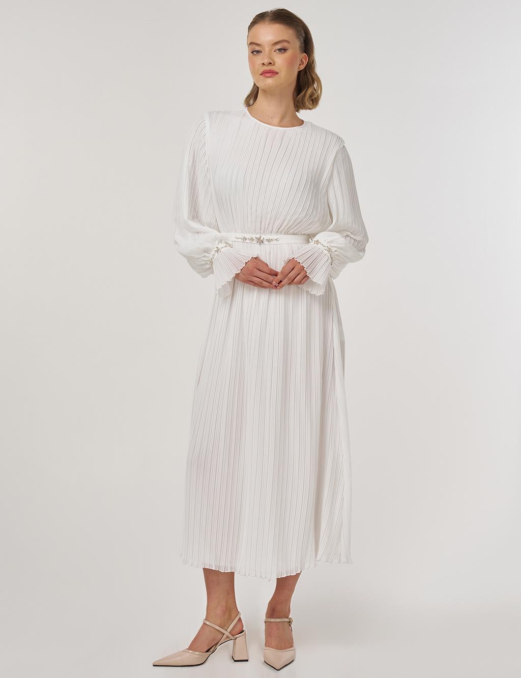 Stone-Embellished Elegant Dress in Ecru