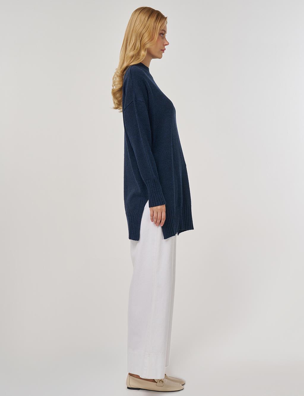 Stone-Embellished Knit Tunic in Navy Blue