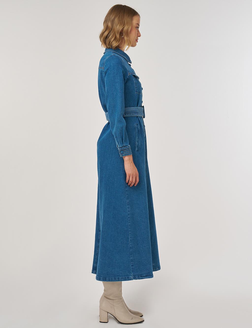 Kemer Detaylı Denim Elbise İndigo