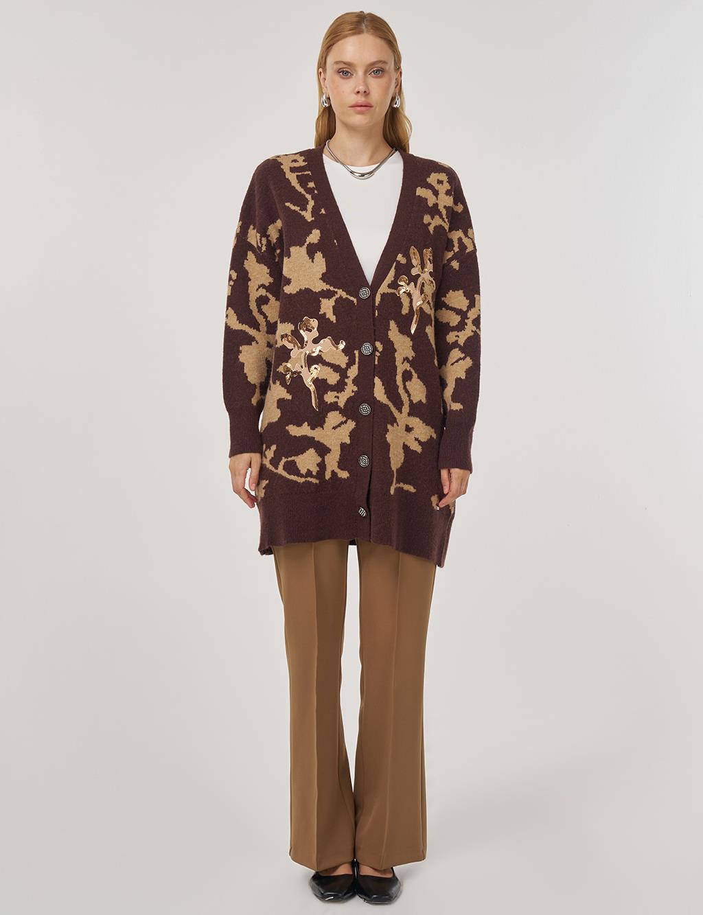 Sequin-Embroidered Knit Cardigan in Coffee
