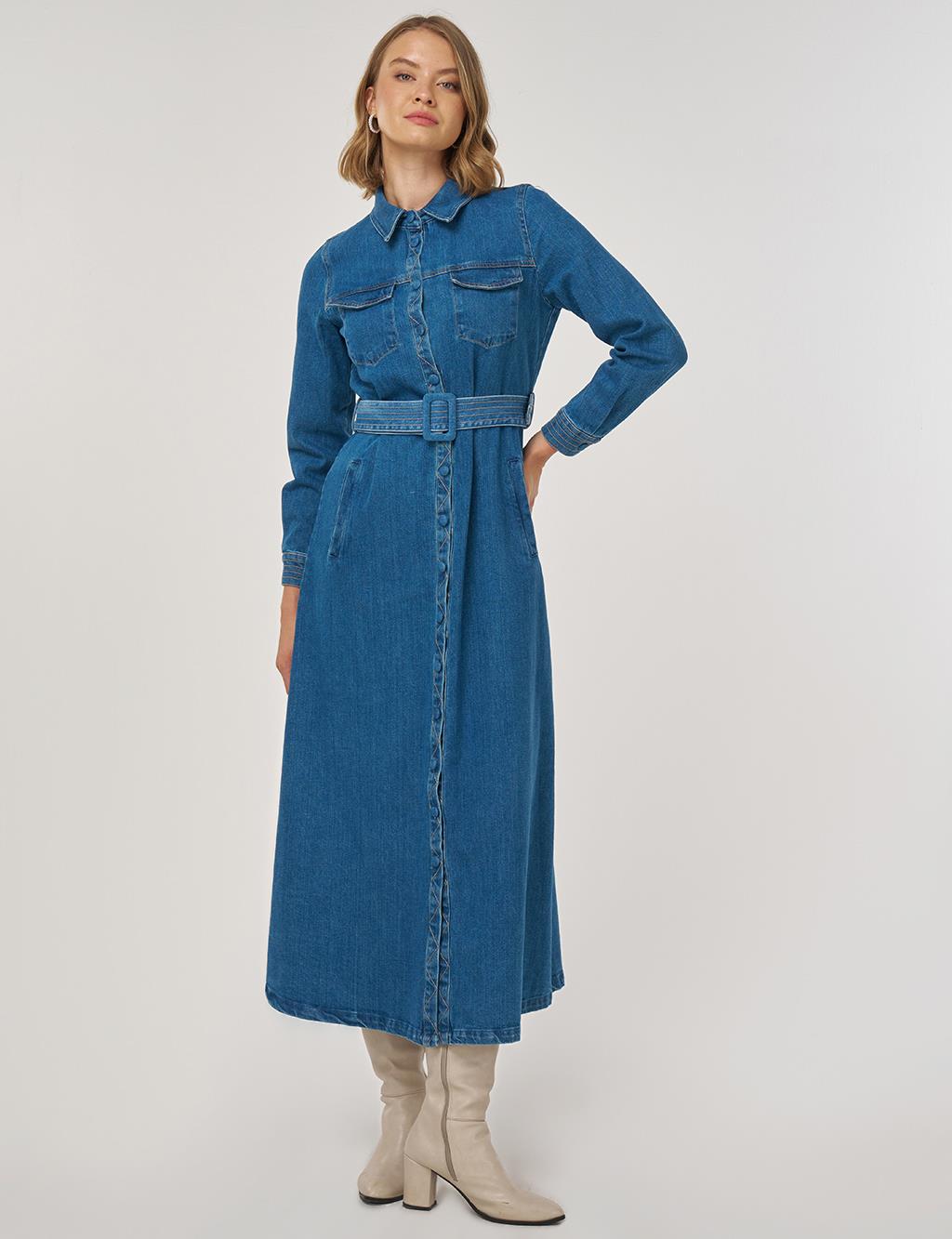 Kemer Detaylı Denim Elbise İndigo