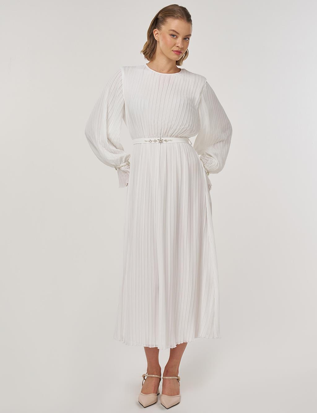 Stone-Embellished Elegant Dress in Ecru