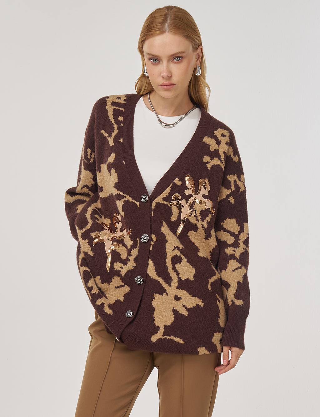 Sequin-Embroidered Knit Cardigan in Coffee