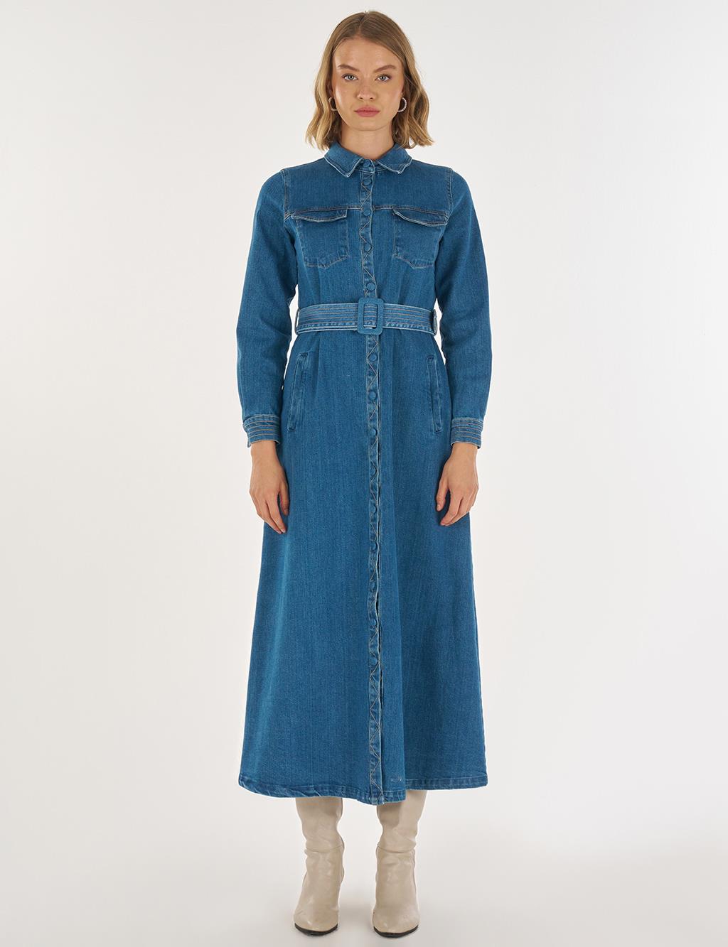 Kemer Detaylı Denim Elbise İndigo