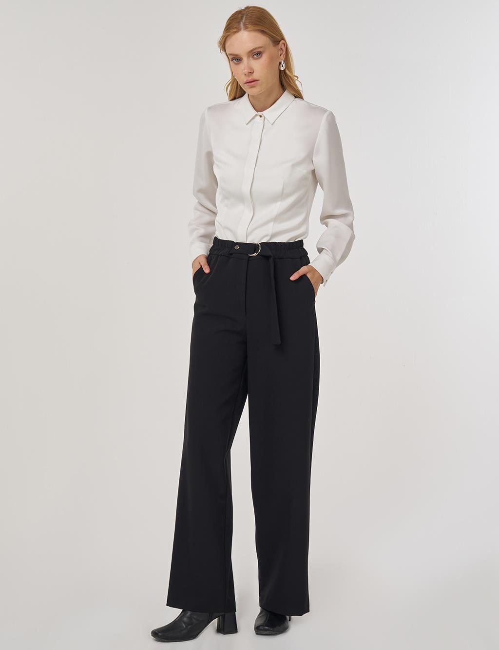 Metal Buckle Fabric Pants in Black