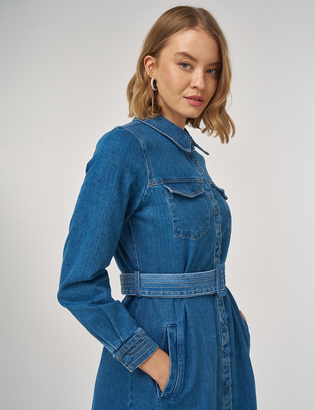 Kemer Detaylı Denim Elbise İndigo