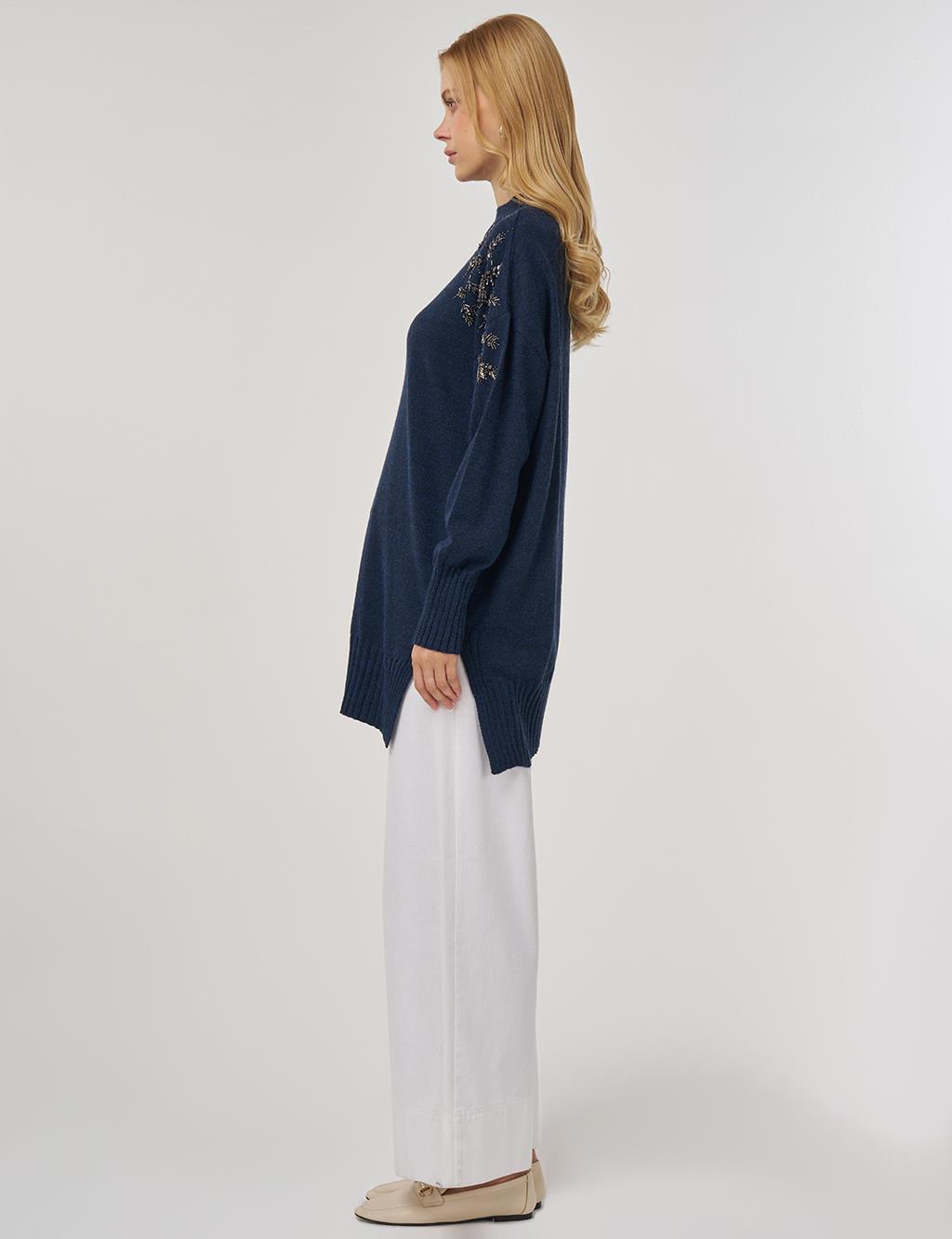 Stone-Embellished Knit Tunic in Navy Blue