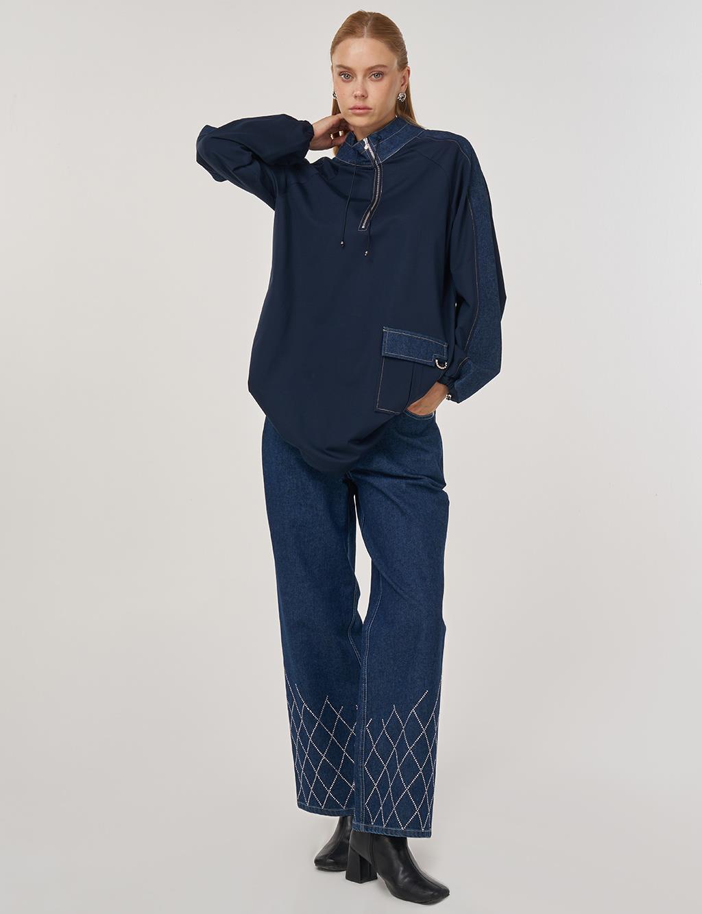 Kumaş Garnili Dik Yaka Sweatshirt Koyu Lacivert