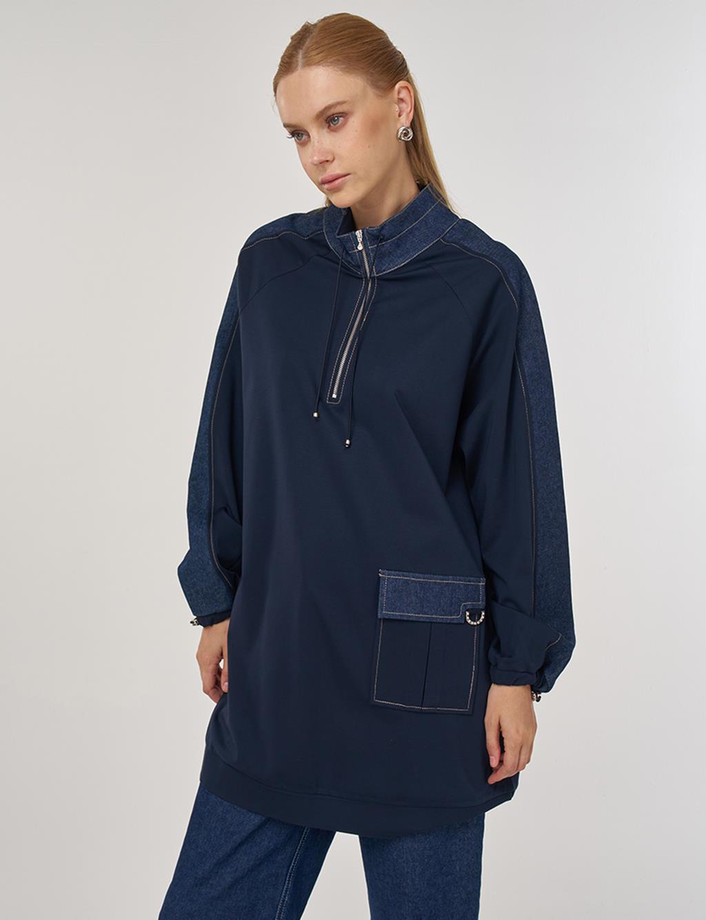 Kumaş Garnili Dik Yaka Sweatshirt Koyu Lacivert