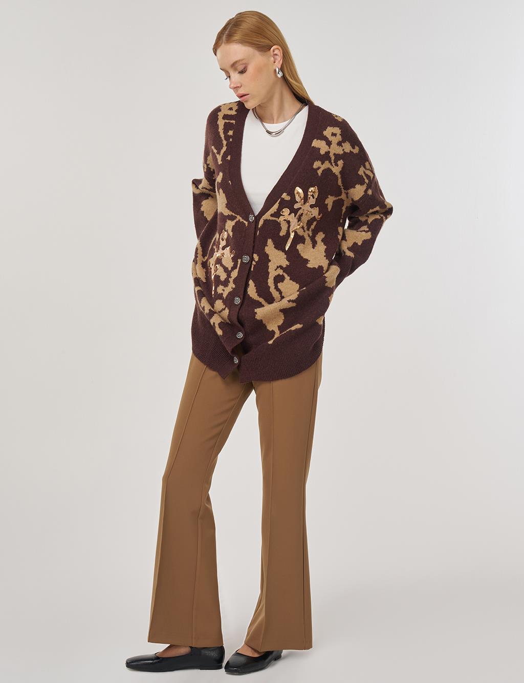 Sequin-Embroidered Knit Cardigan in Coffee