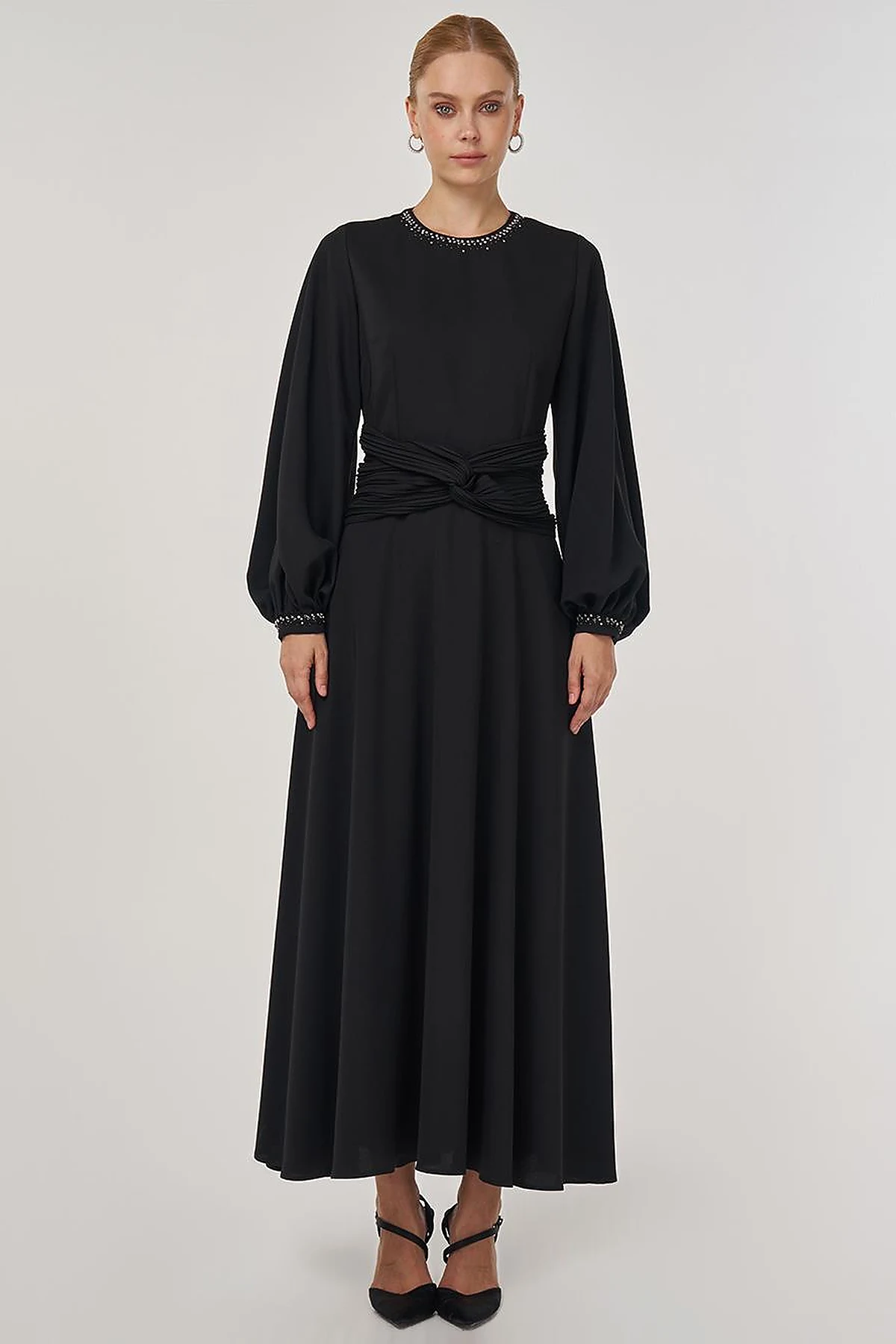 Waist-Detailed Elegant Dress in Black