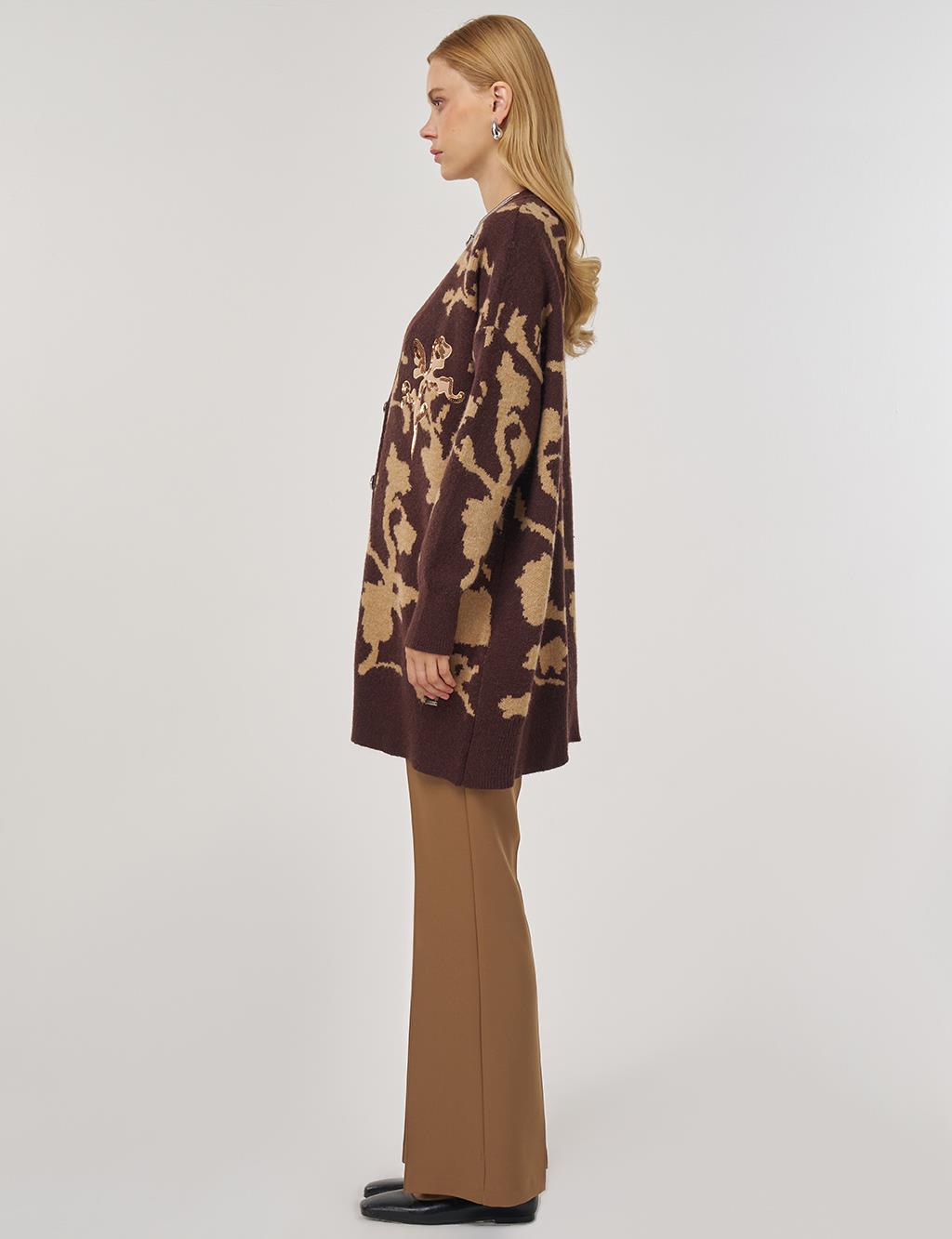 Sequin-Embroidered Knit Cardigan in Coffee