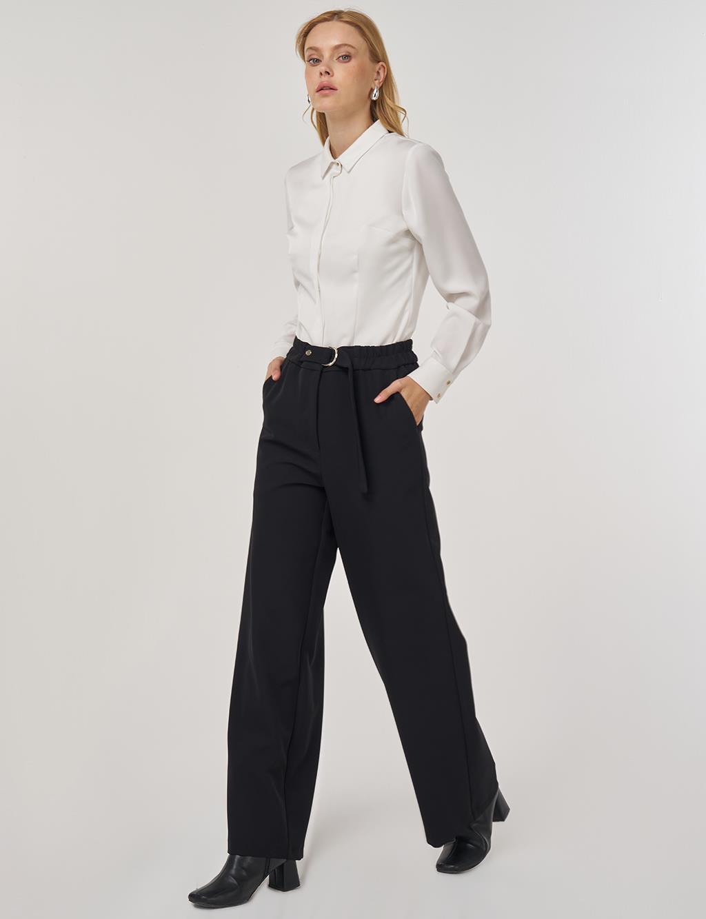 Metal Buckle Fabric Pants in Black