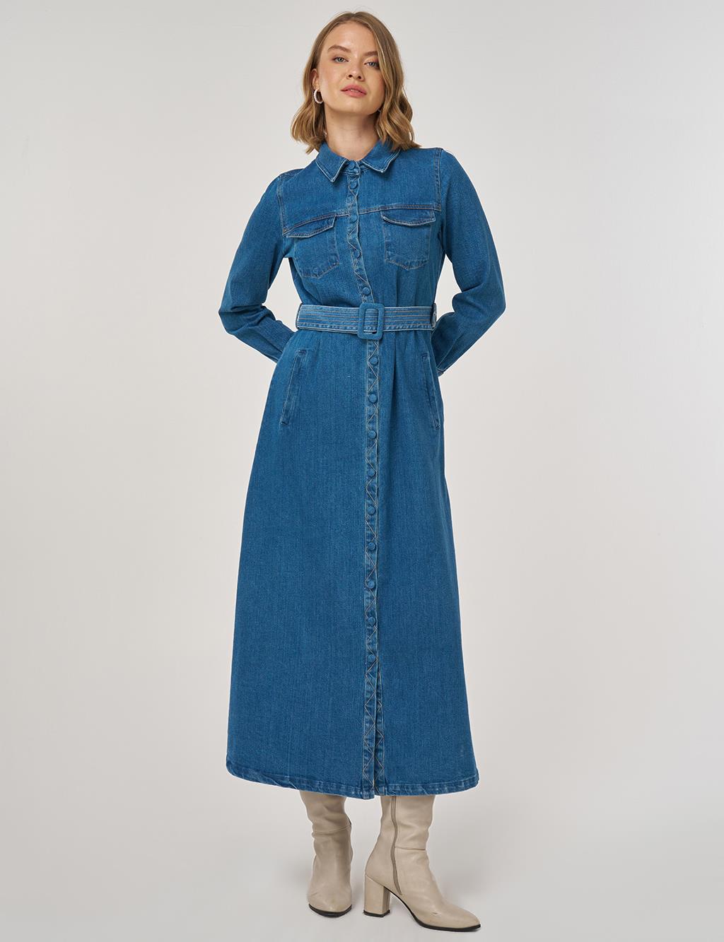 Kemer Detaylı Denim Elbise İndigo