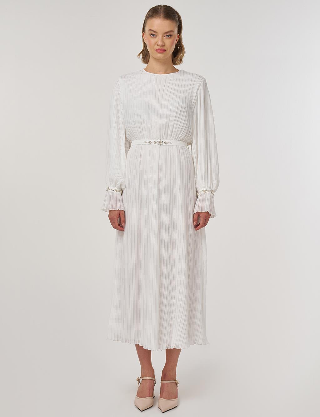 Stone-Embellished Elegant Dress in Ecru