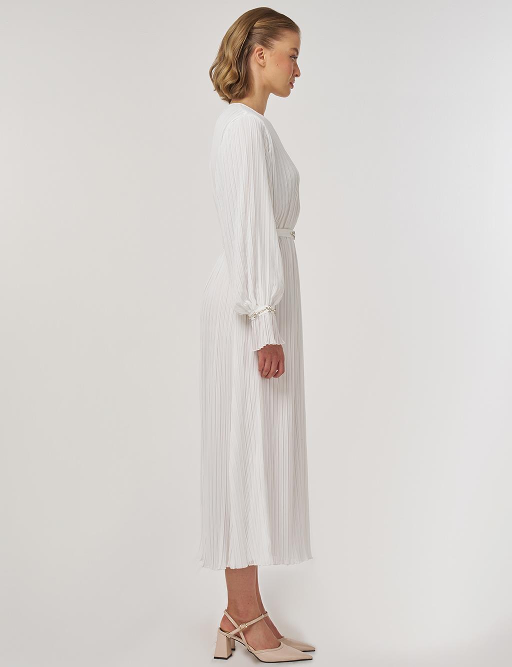 Stone-Embellished Elegant Dress in Ecru