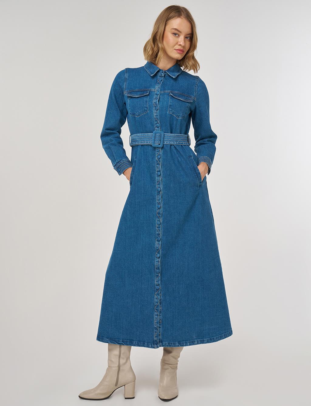 Kemer Detaylı Denim Elbise İndigo