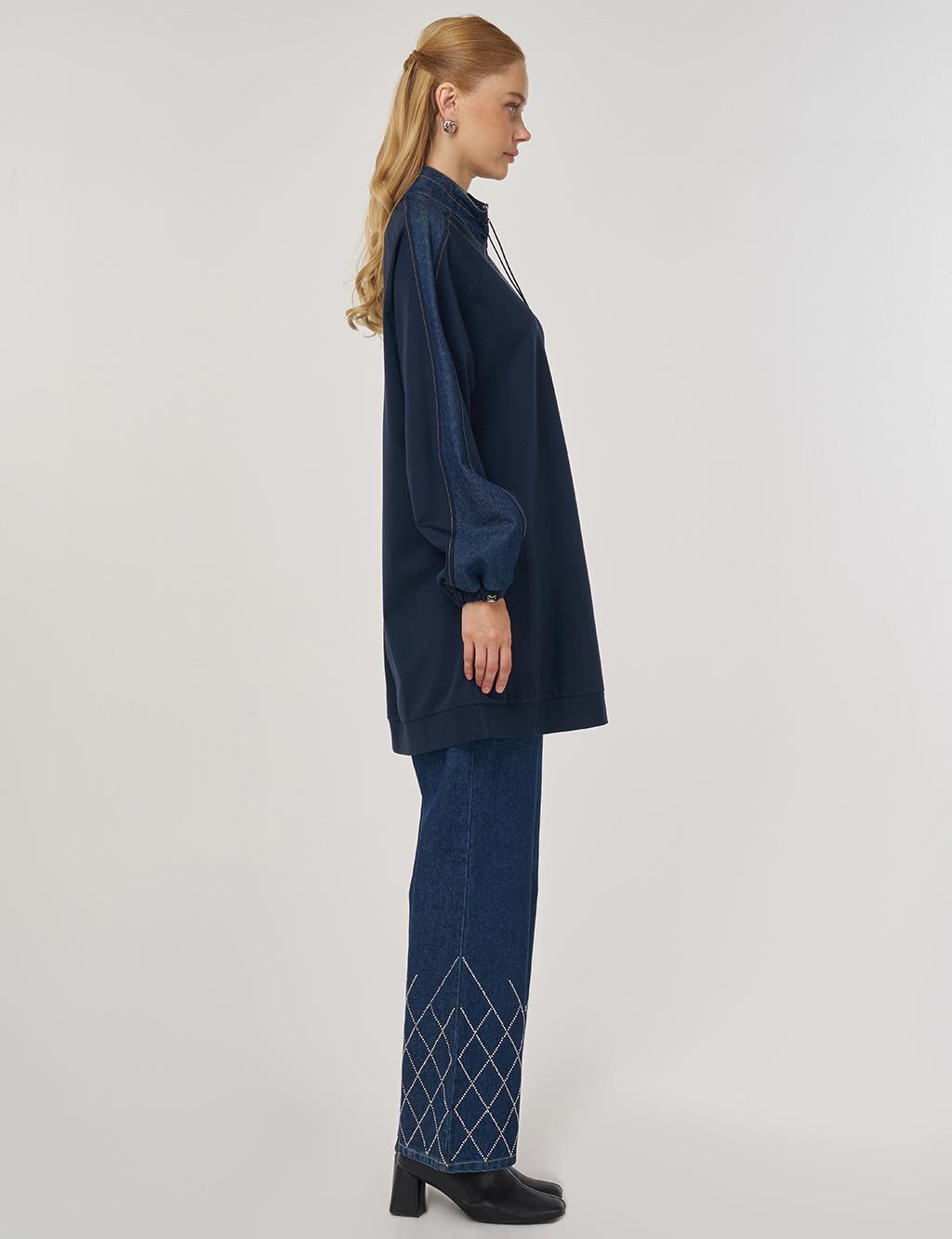 Kumaş Garnili Dik Yaka Sweatshirt Koyu Lacivert