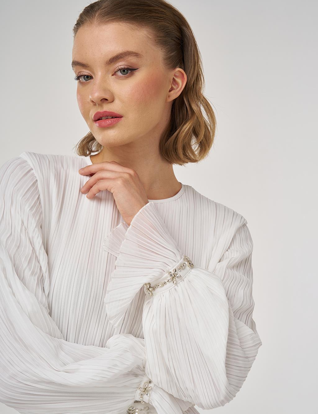 Stone-Embellished Elegant Dress in Ecru